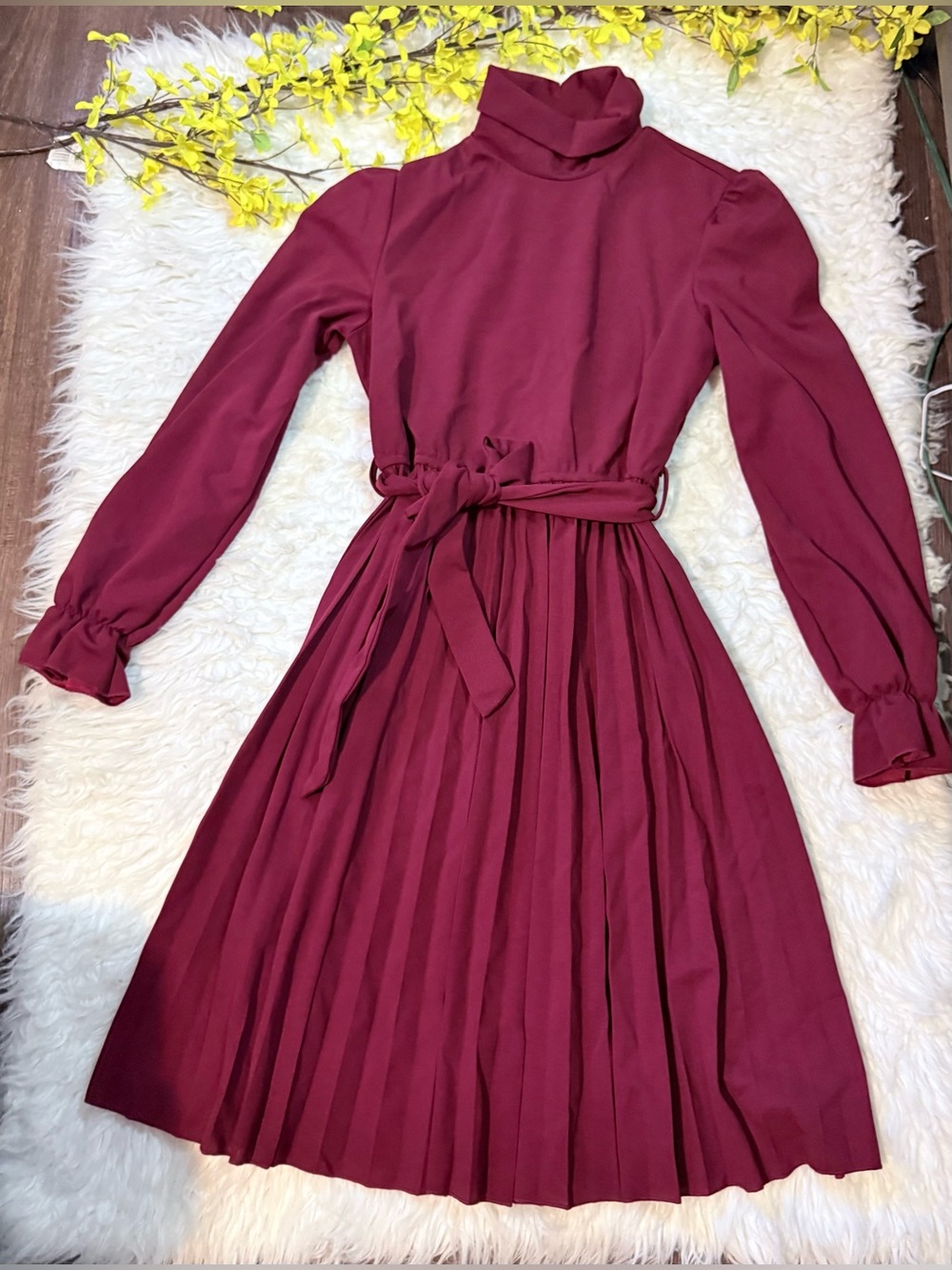 SHEIN Wine Long Sleeve Pleated Mock Neck Midi Dress
